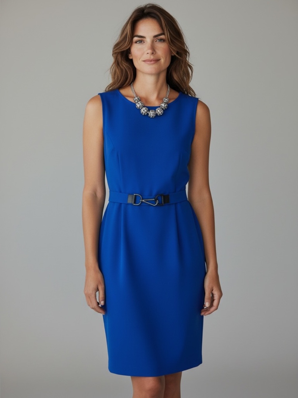 Calvin Klein Blue Sleeveless Sheath Dress with Elastic Buckle Waist Size 2